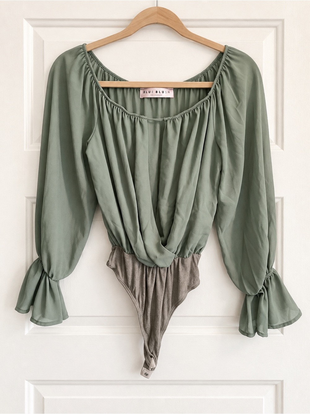 Blue Blush Sage Green Draped Bell Sleeve Bodysuit